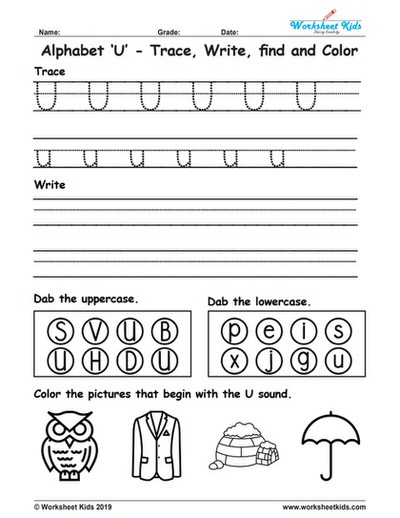Alphabet Letter U Trace Write Find Color - Free printable PDF