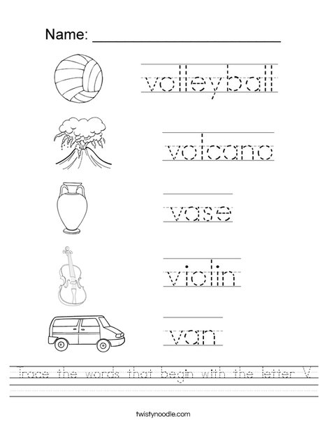 Trace the words that begin with the letter V Worksheet - Twisty Noodle