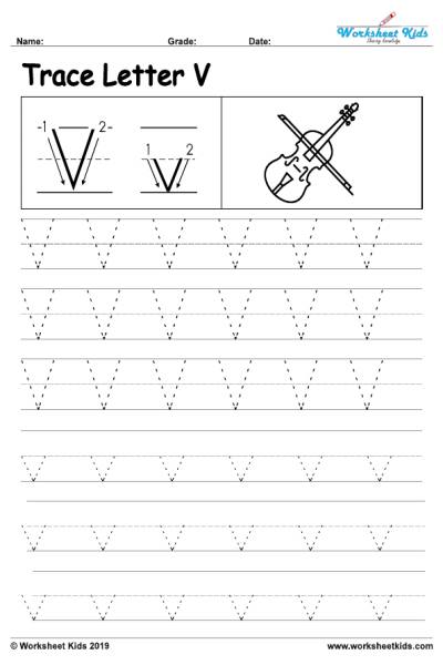 Letter V alphabet tracing worksheets - Free printable PDF