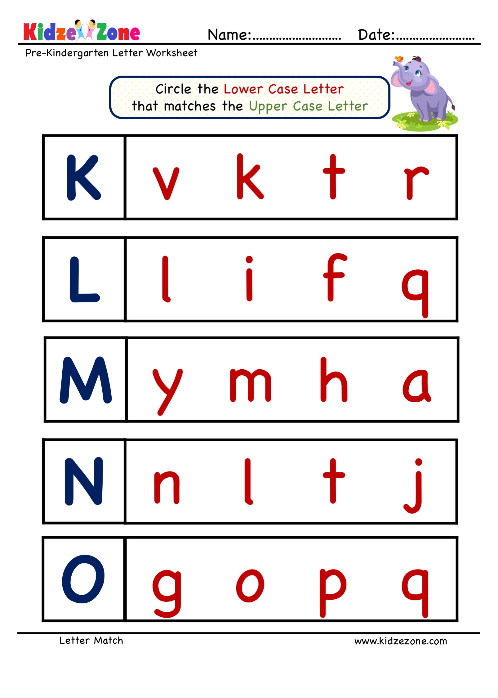 Preschool Letter Matching Upper Case to Lower Case Worksheet 2
