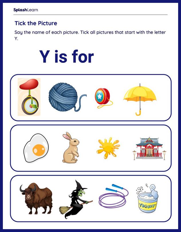 Find the Letter Y Pictures - Printable Reading Worksheet