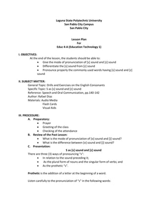 Semi-detailed Lesson Plan [s] sound and [z] sound | PDF