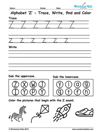 Alphabet Letter Z Trace Write Find Color - Free printable PDF