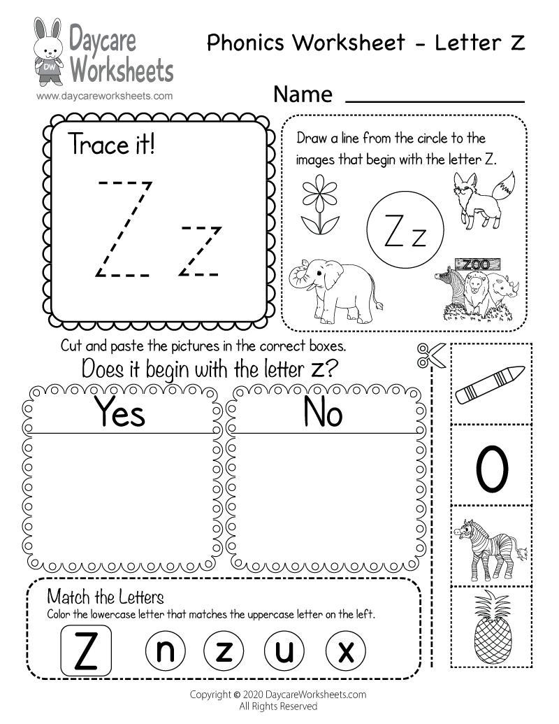 Free Letter Z Phonics Worksheet for Preschool - Beginning Sounds