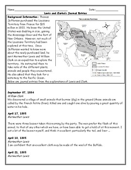 Lewis and Clark Journal Entries Worksheet with Map and Answer Key