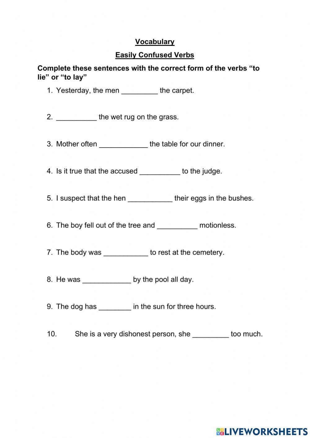 Verbs - To lie - To lay worksheet  