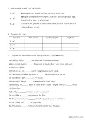 LIE or LAY general grammar practice: English ESL worksheets pdf &  doc