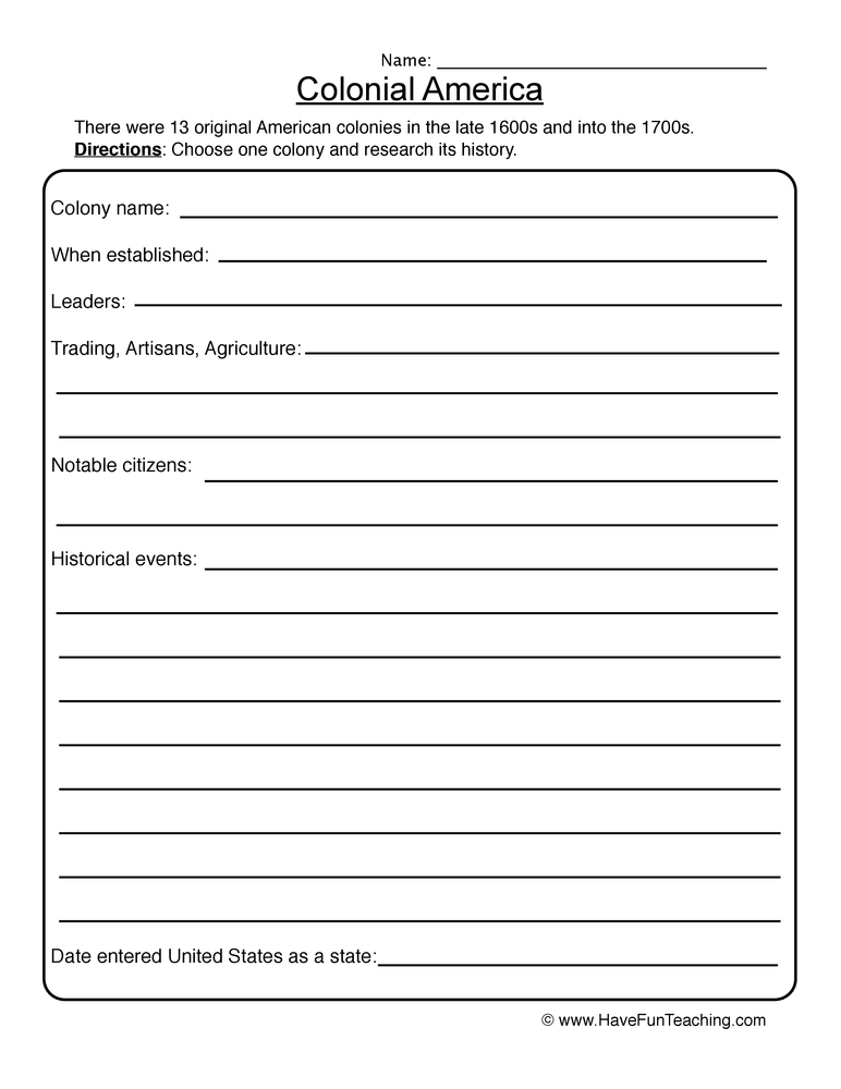 Colonial America Worksheet  