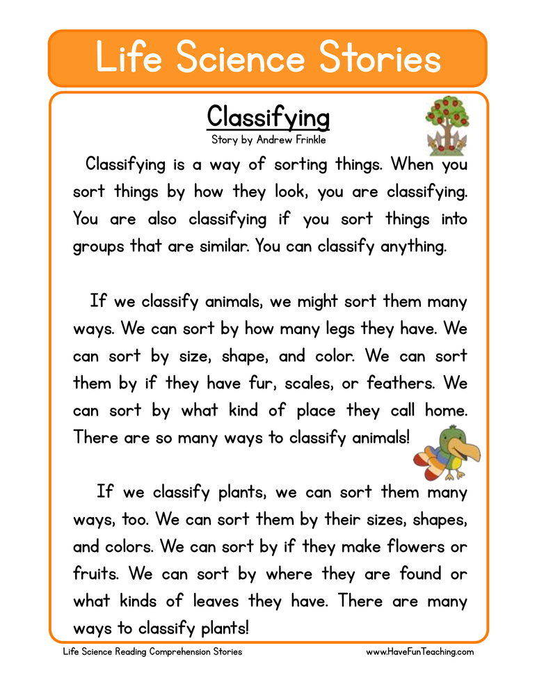 Classifying Life Science Reading Comprehension Worksheet - Have ...