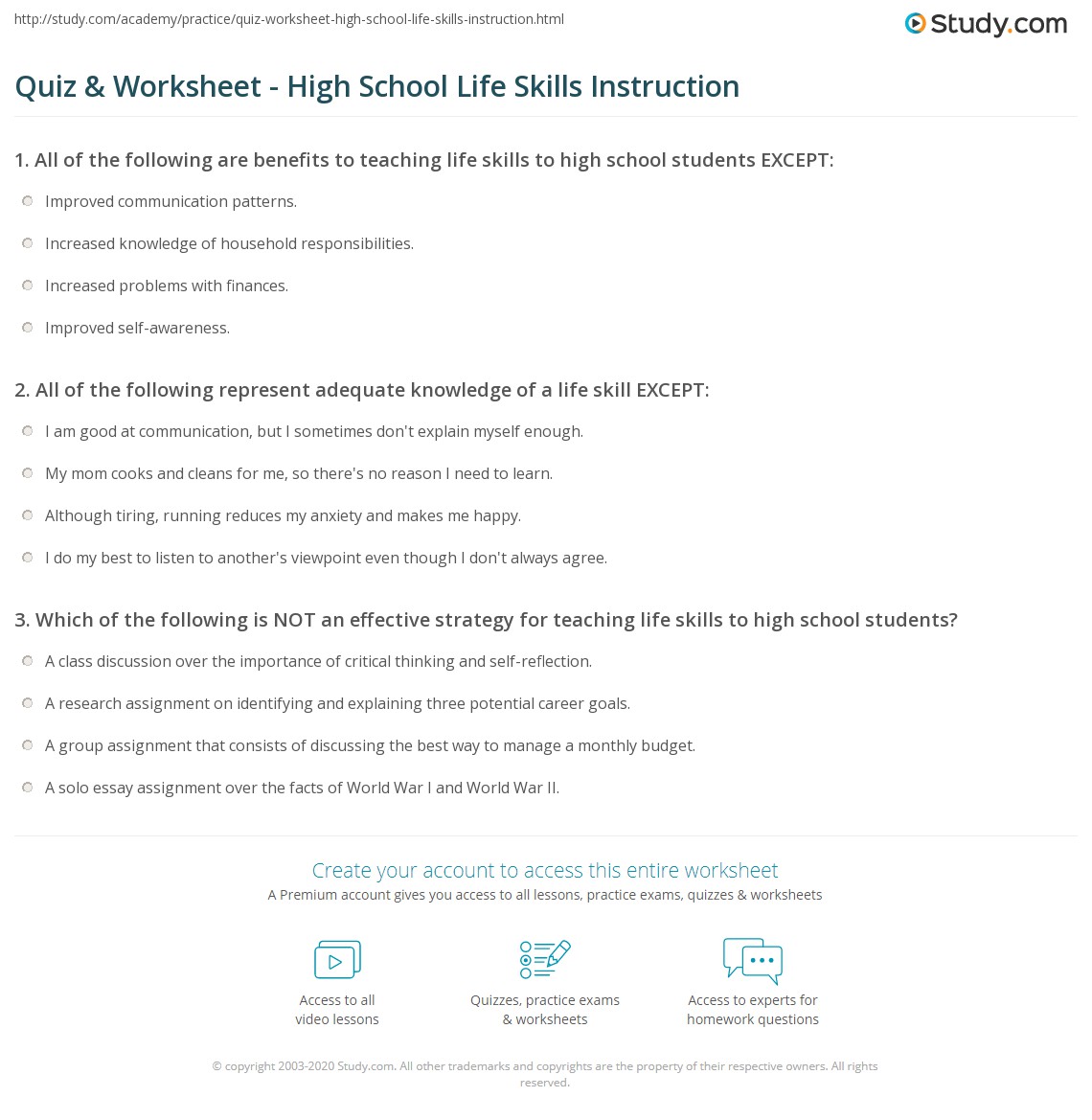 life skills worksheet high school