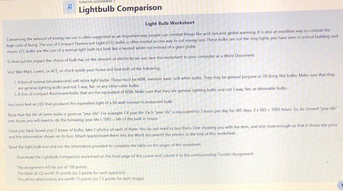 1) Lightbulb Comparison Light Bulb Worksheet | Chegg.com