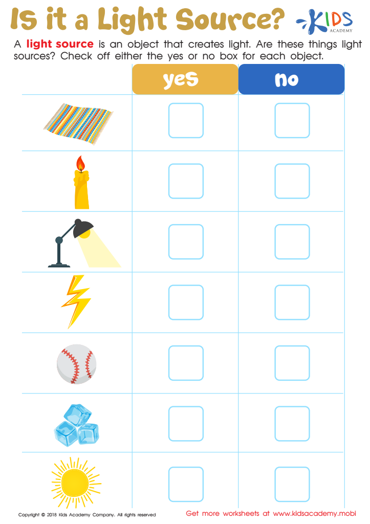 Is It a Light Source? Worksheet for kids