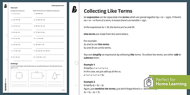 ? Collecting Like Terms Worksheet KS3 Walkthrough Worksheet