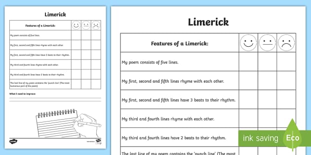 Writing a Limerick Poem Self Assessment Tracker - Twinkl