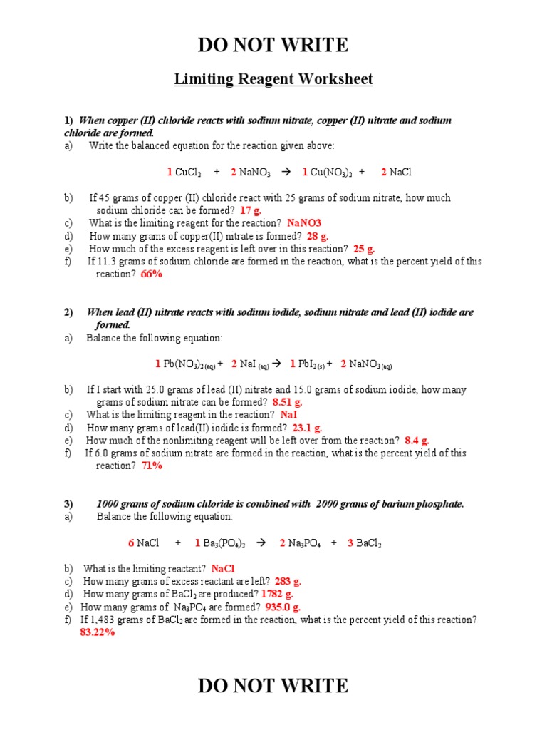 Limiting Reagent Worksheet Answers | PDF | Chemical Reactions | Sodium