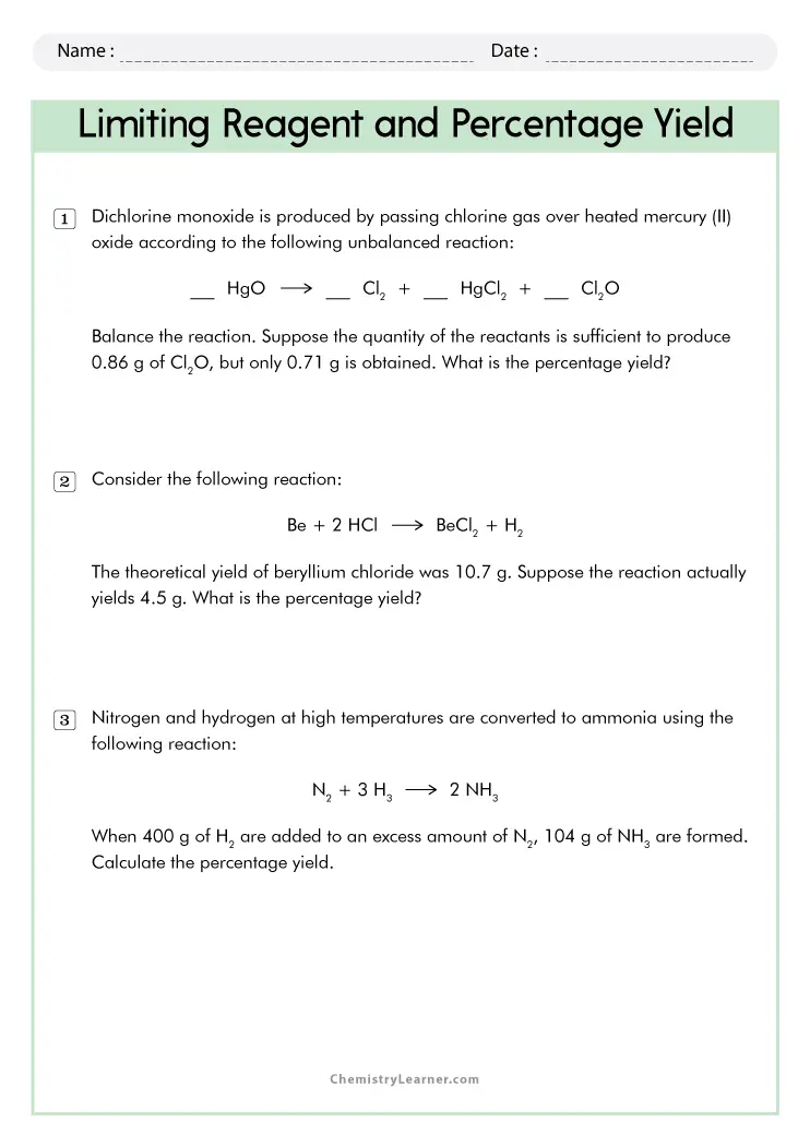 Free Printable Limiting Reactant and Percent Yield Worksheets