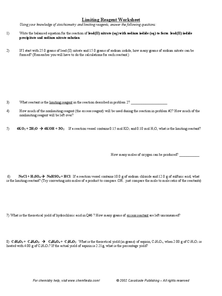 Limiting Reagent Worksheet Answers | PDF | Chemical Reactions | Sodium ...