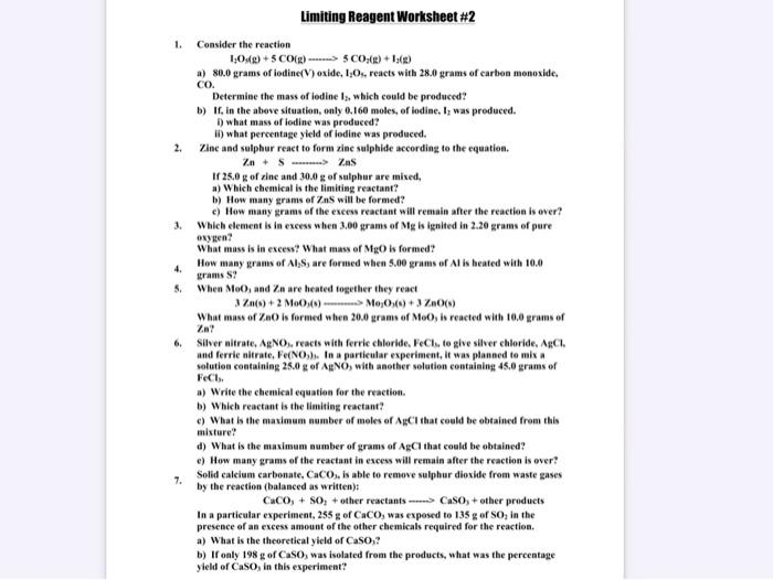 Solved 1. 2. 3. 4. 5 Limiting Reagent Worksheet #2 Consider ...