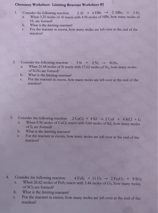 Solved Chemistry Worksheet: Limiting Reactant worksheet #1 | Chegg.com