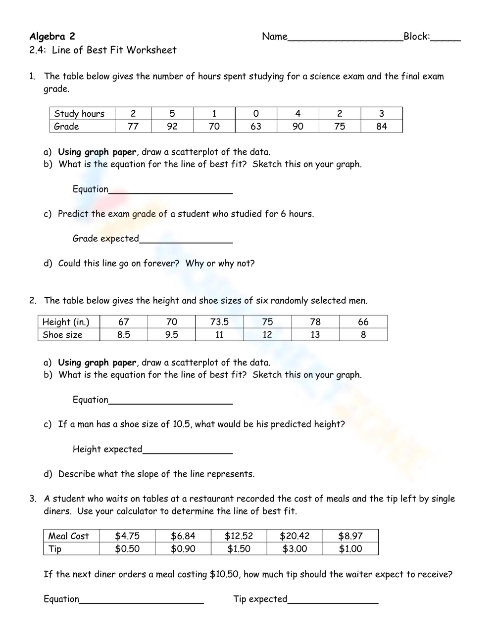 line of best fit worksheet answers