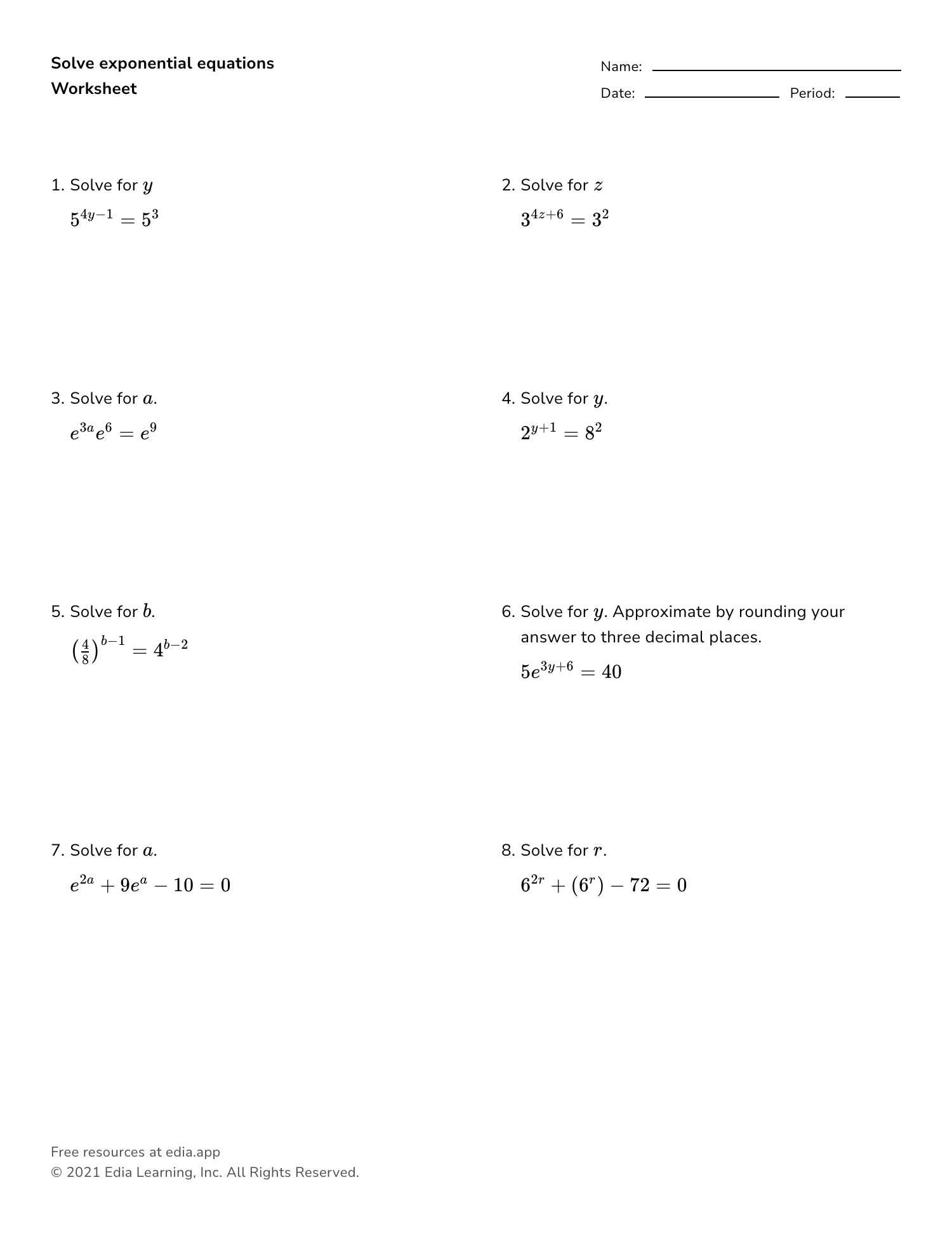 Free linear and exponential equations worksheet, Download Free linear ...