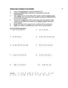 Solving Linear Equations in One Variable Worksheet for 7th - 10th ...