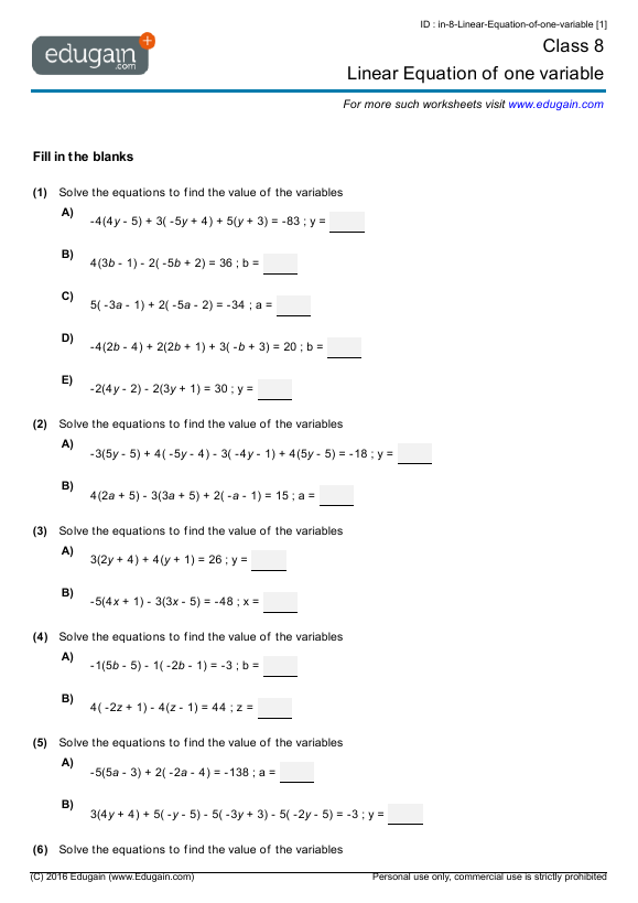 Class 8 Maths Chapter 2 Linear Equations in One Variable Worksheet ...