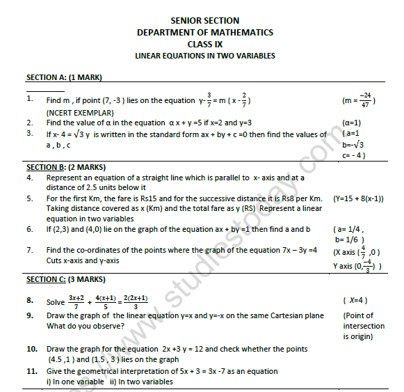 linear equation in two variables worksheet