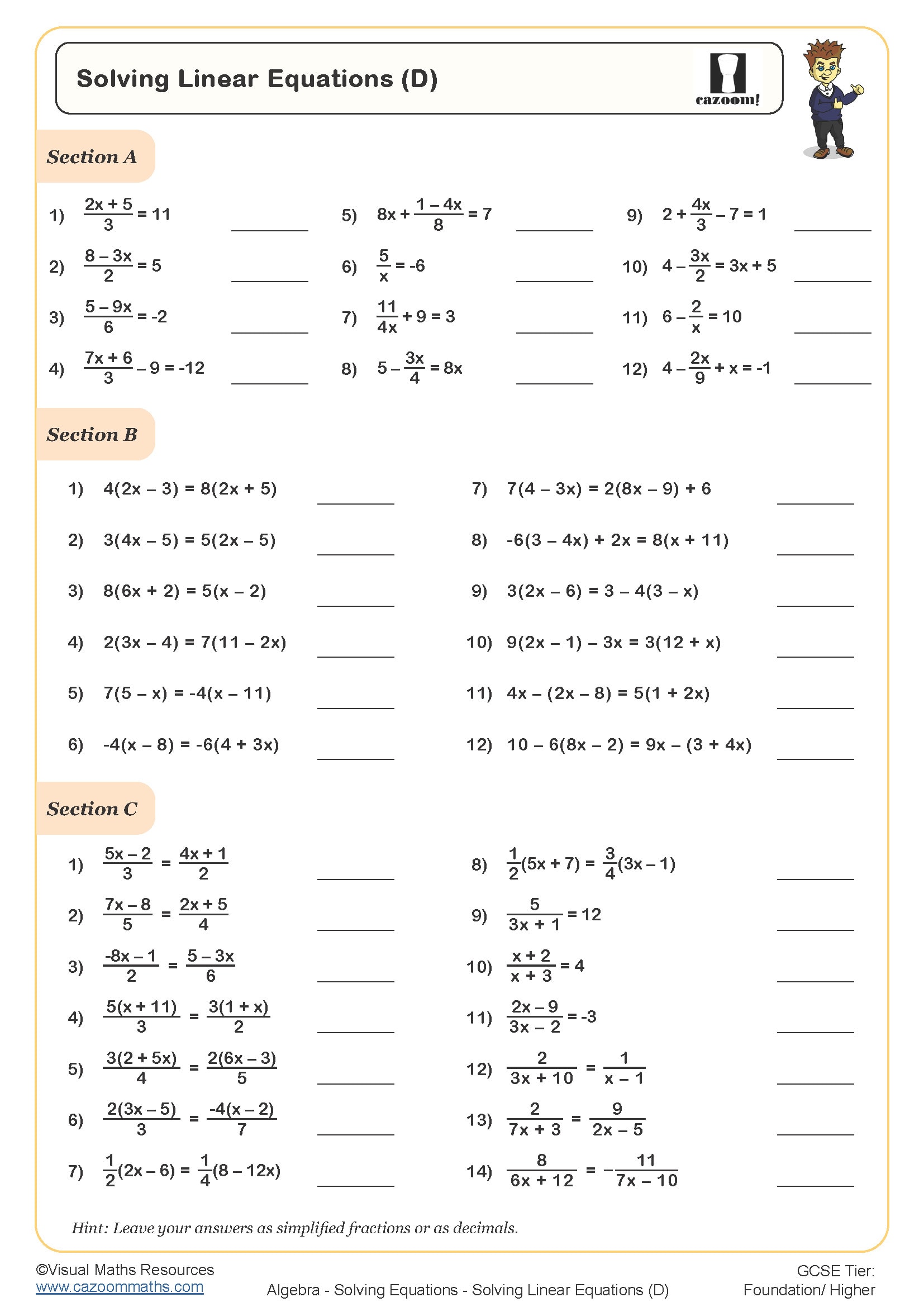 Solving Linear Equations (D) Worksheet | Fun and Engaging PDF ...