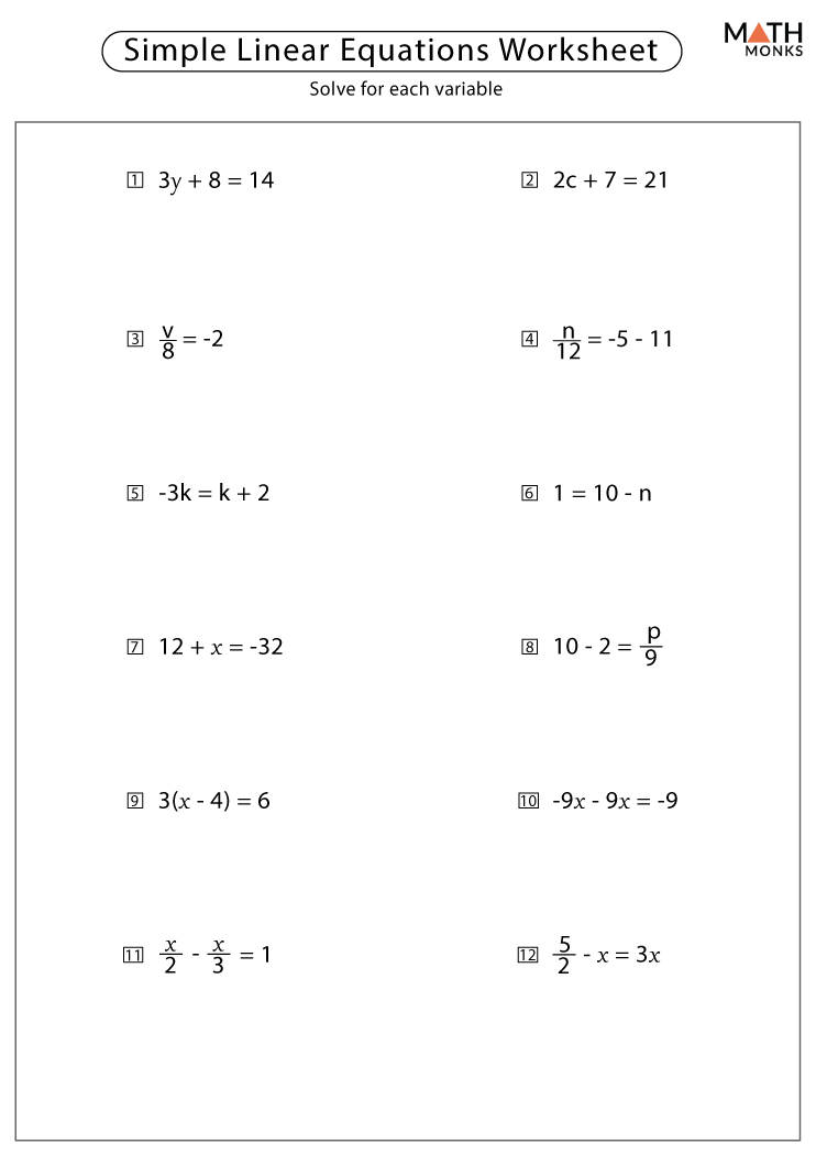 Linear Equations Worksheets with Answer Key