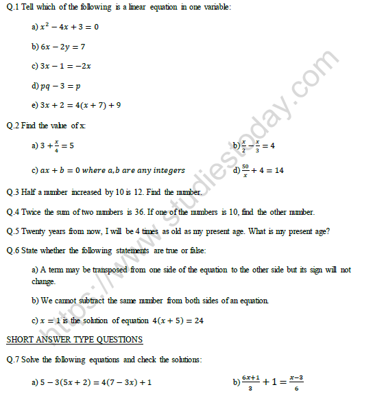 Class 8 Linear Equations in One Variance Worksheet Set A