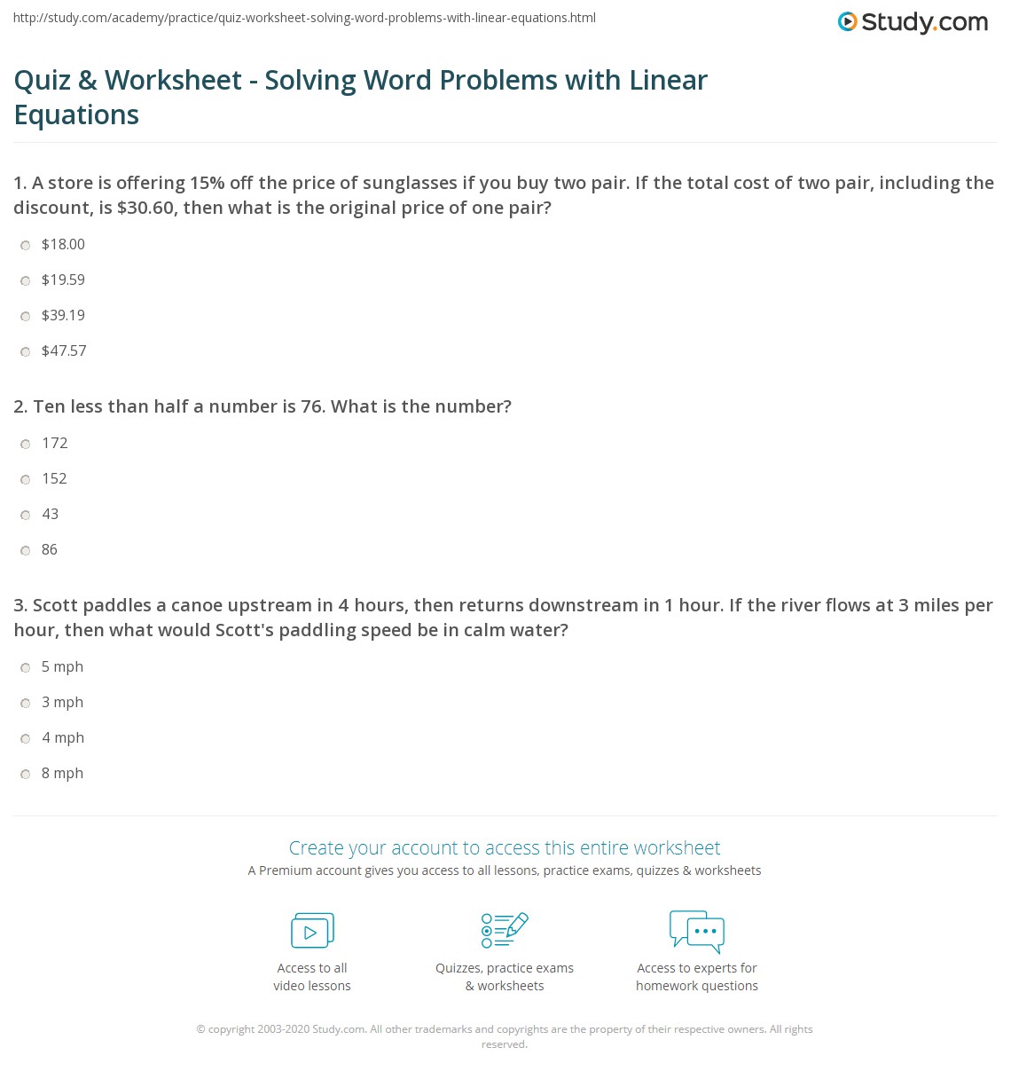 Quiz &amp; Worksheet - Solving Word Problems with Linear Equations ...