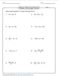 Slope-intercept Form of Equation of a Line Worksheets