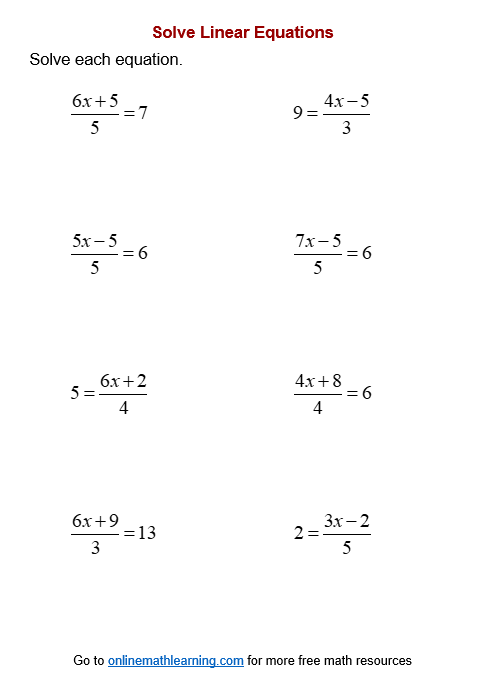 Linear Equation Worksheets (printable, online, answers, examples ...