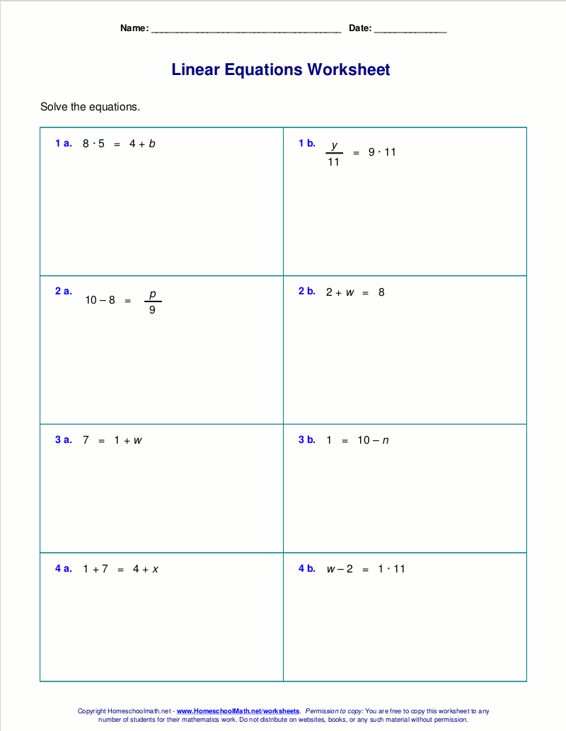 Free worksheets for linear equations (grades 6-9, pre-algebra ...