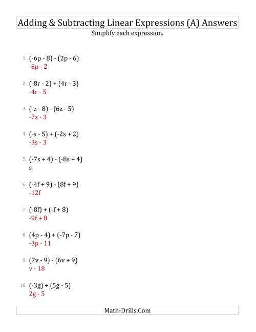 Adding and Subtracting and Simplifying Linear Expressions (A)