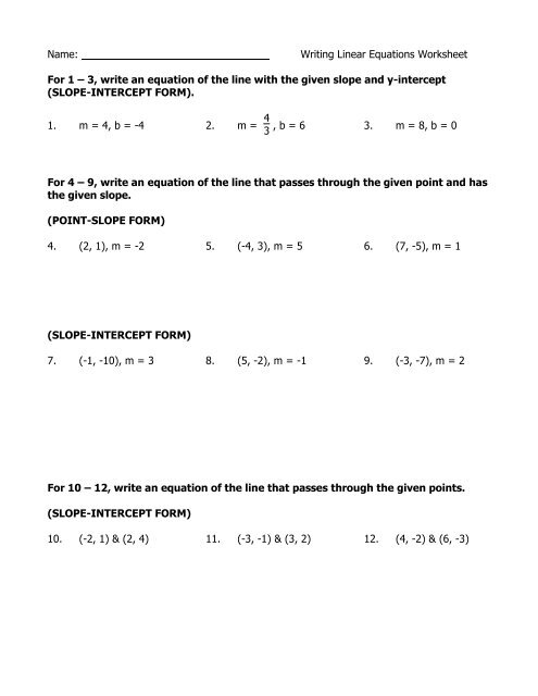 Name: Writing Linear Equations Worksheet For 1 – 3, write an ...