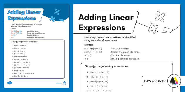 Seventh Grade Adding Linear Expressions Activity - Twinkl