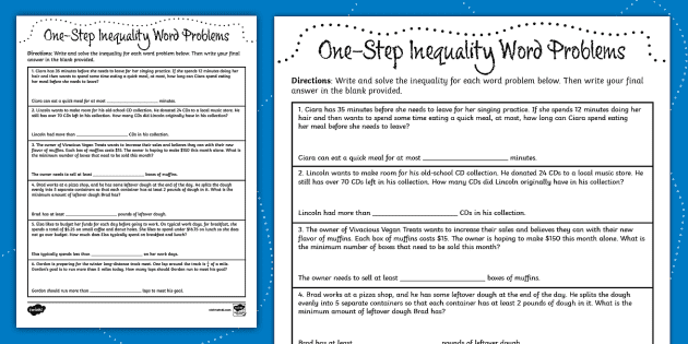 Seventh Grade One-Step Inequality Word Problems - Twinkl