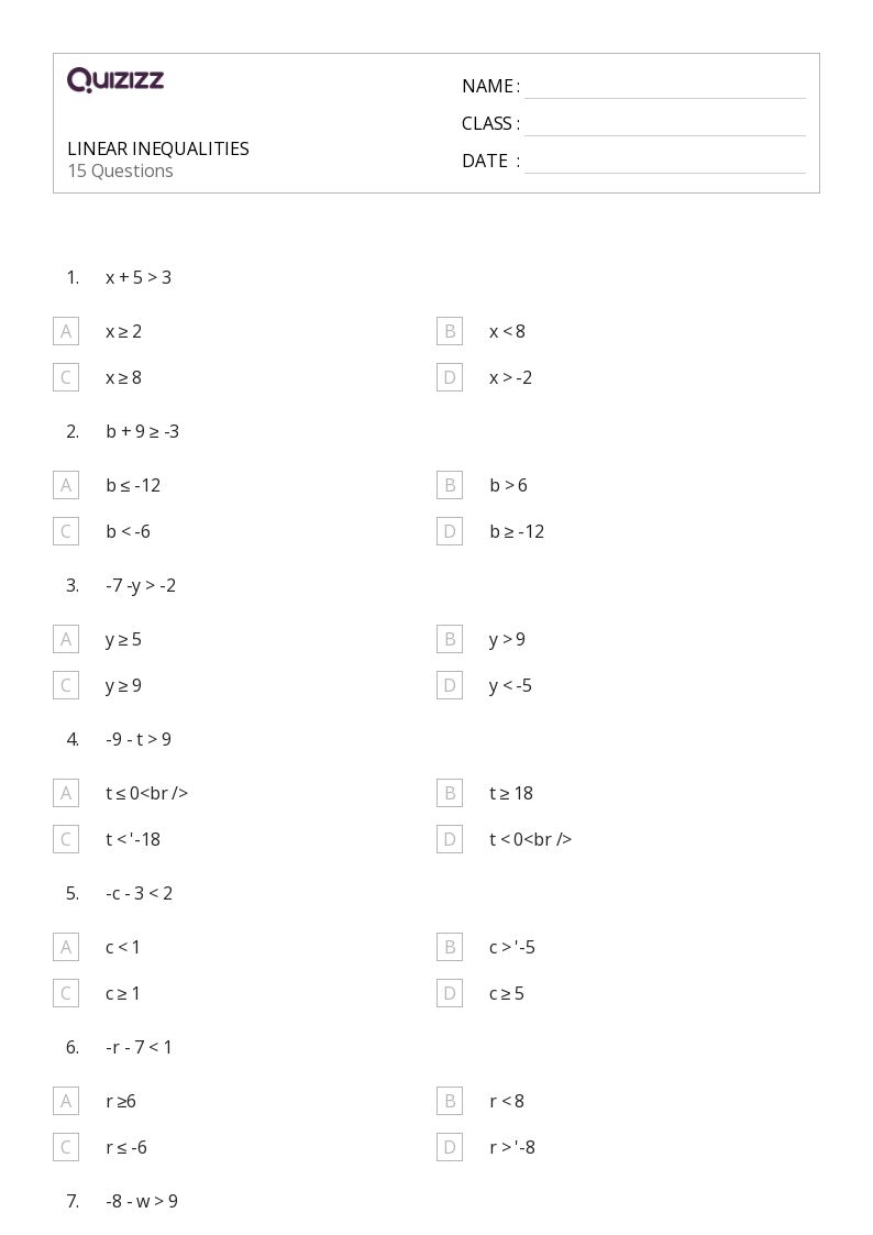 50+ Solving Inequalities worksheets for 3rd Class on Quizizz ...