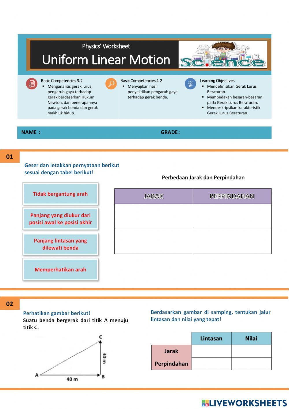 Uniform Linear Motion 2 online exercise for Live Worksheets