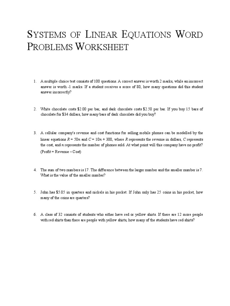 Systems of Linear Equations Word Problems Worksheet | PDF