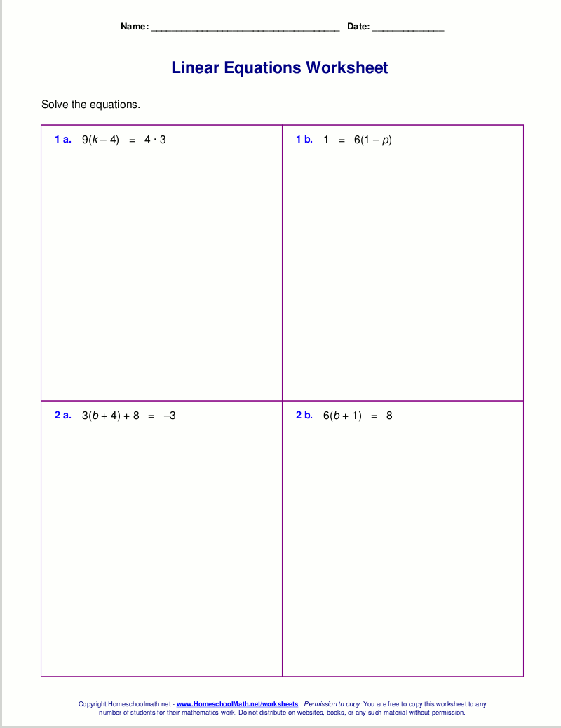 Free worksheets for linear equations (grades 6-9, pre-algebra ...
