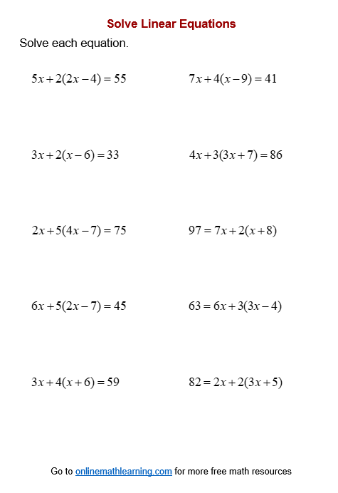 Linear Equation Worksheets (printable, online, answers, examples)