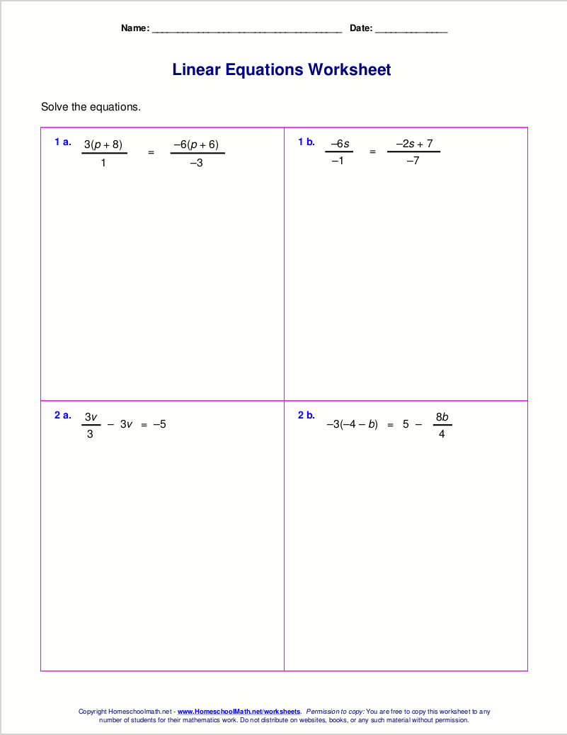 Free worksheets for linear equations (grades 6-9, pre-algebra ...
