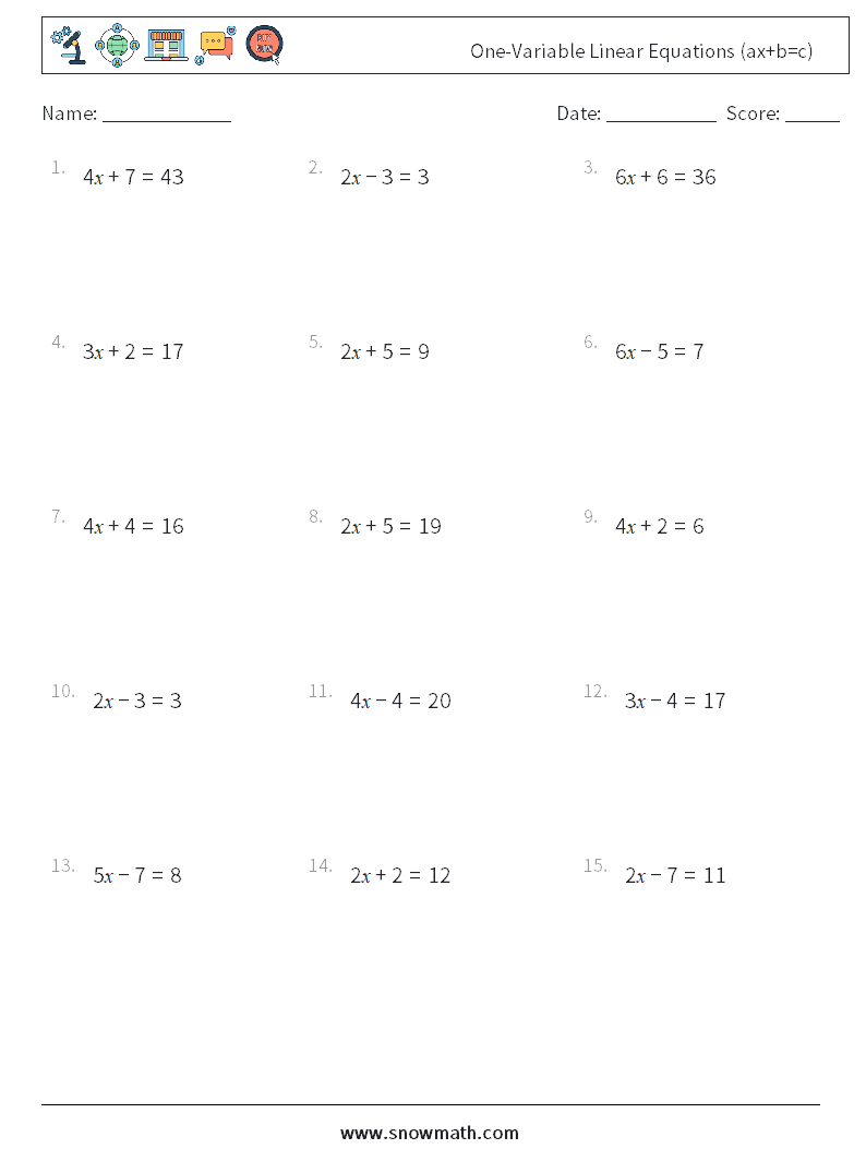 one-variable linear equations (ax+b=c) Math Worksheets, Math ...