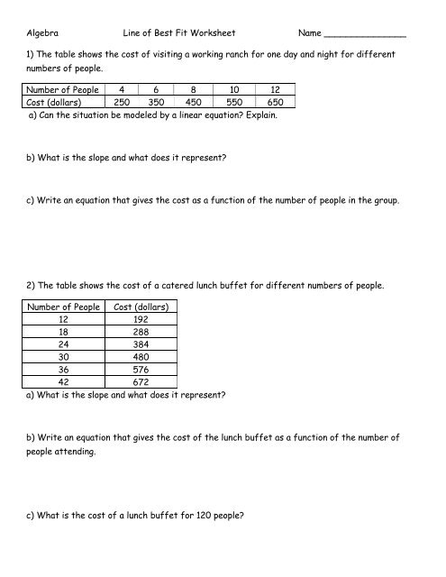 lines of best fit worksheet answers
