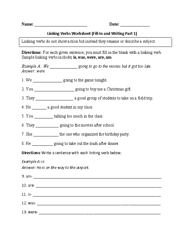 linking verb practice worksheet