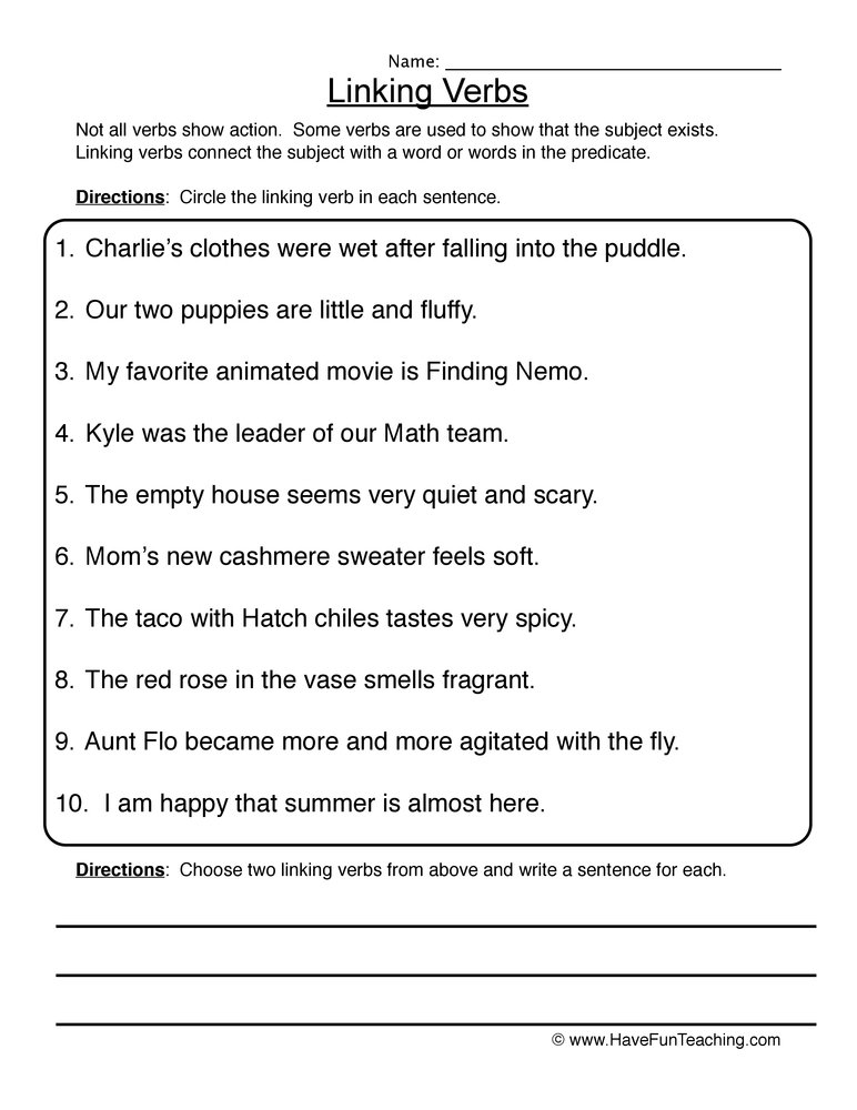 Finding Linking Verbs Worksheet