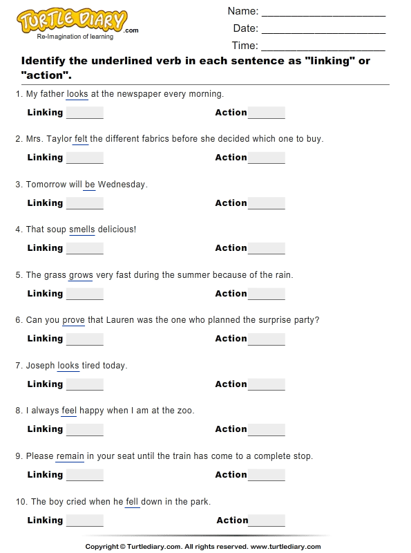 Action Verbs Linking Verbs | Turtle Diary Worksheet